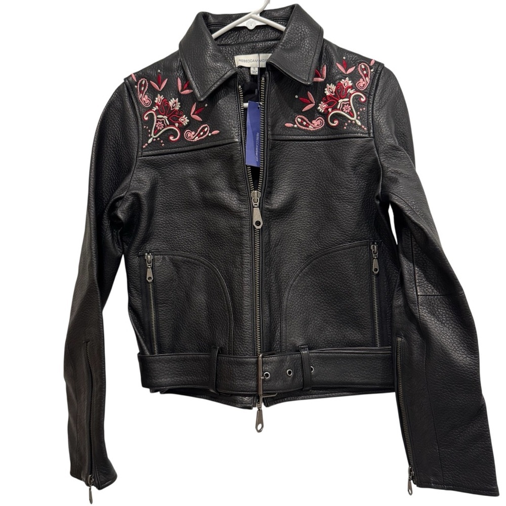 Rebecca Minkoff Black Leather Moto Jacket Sz S Embroidered Washoe Cropped‎